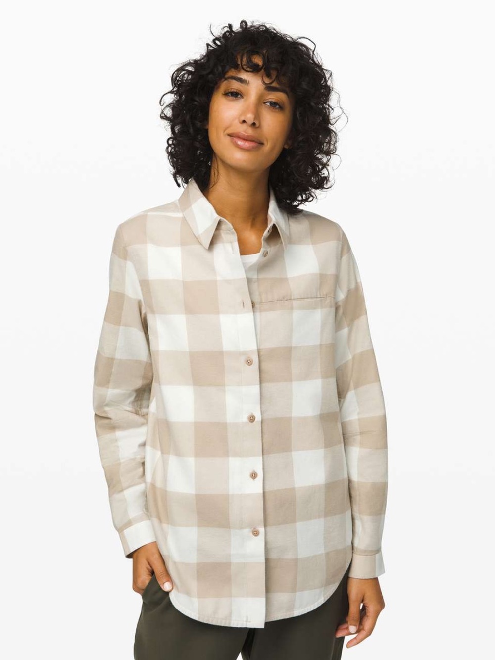 Lululemon Full Day Ahead Plaid Button-Up Shirt - Beige & White size 4